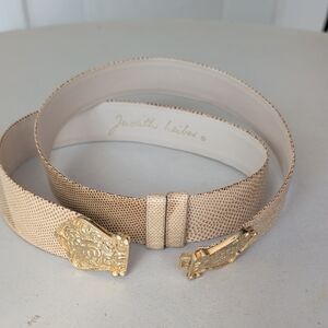 Judith Leiber Champaign Beige Textured LeatherBelt with Ornate Gold Buckle Chic